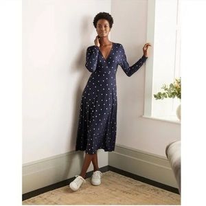 BODEN Gemma Jersey Midi Dress Navy Blue Gold Polka Dot Size 12 Spring Easter